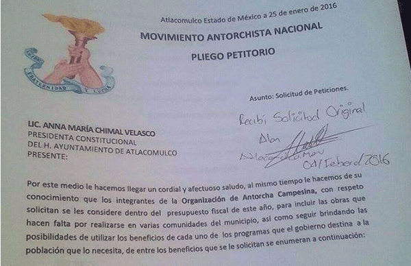 Antorchistas de Atlacomulco solicitan atención de su presidenta municipal  