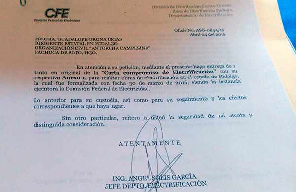 Formalizan CFE y Antorcha Campesina Carta Compromiso de Electrificación