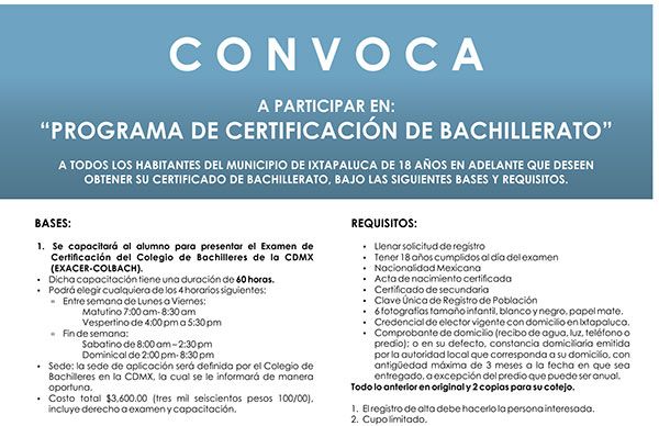   Convocan a ixtapaluquenses para certificación de Bachillerato 