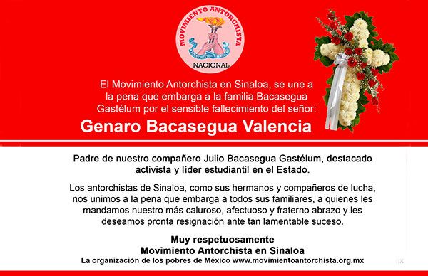 Esquela: Genaro Bacasegua Valencia