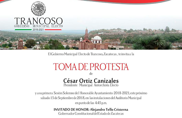 Invita Cesar Ortiz, alcalde antorchista electo, a Toma de Protesta en Trancoso