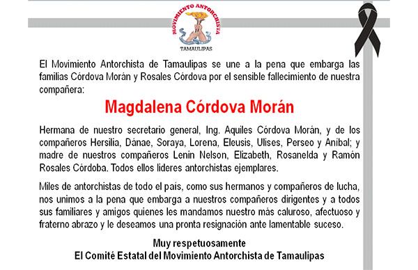 Esquela: Magdalena Córdova Morán 