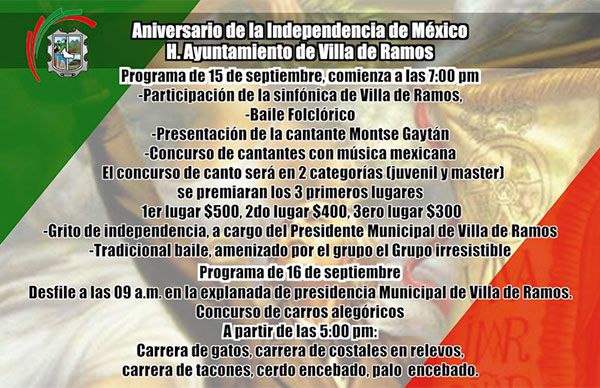 Realizarán evento de Aniversario de la Independencia de México en Villa de Ramos