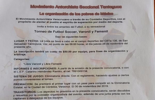 Antorcha convoca a eliminatoria  de Futbol Soccer en Tantoyuca